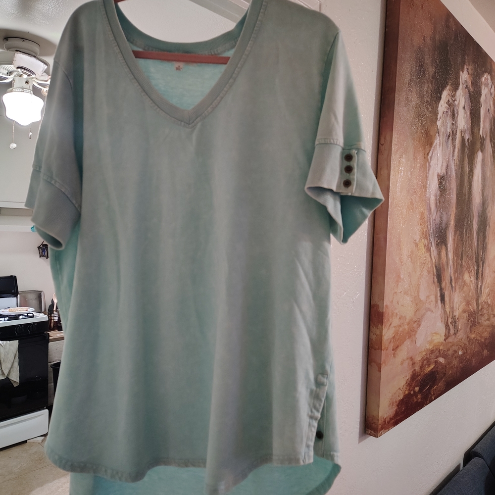 Stylish V-Neck Button Sleeve Blouse - Soft light green fashionable sustainable